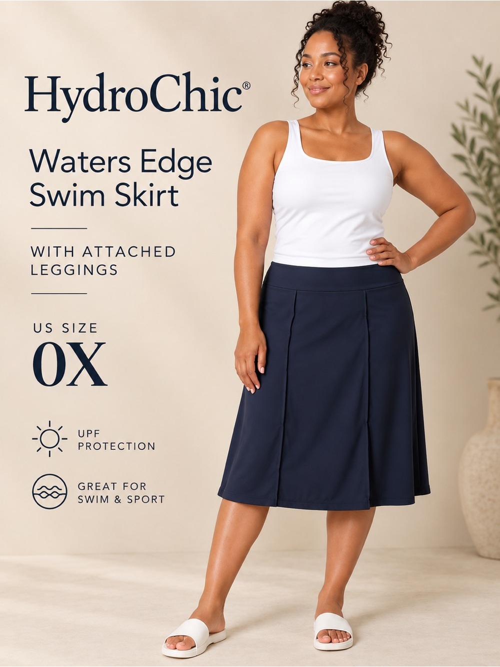 HydroChic Waters Edge Long Swim Skirt Attached Leggings Navy 0X 14W-16W